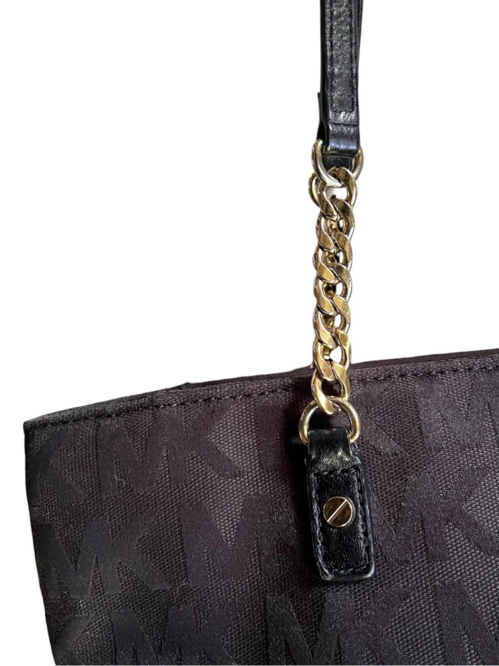 Michael Kors Medium Black Monogram Canvas Tote Bag w/Chain Strap Handles - Picture 3 of 10